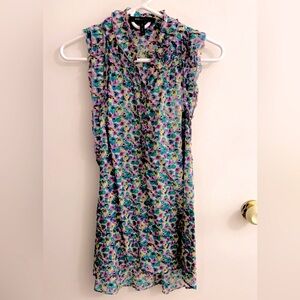 NWOT BCBG Max Azria purple blue floral ruffle silk sleeveless tunic blouse XXS